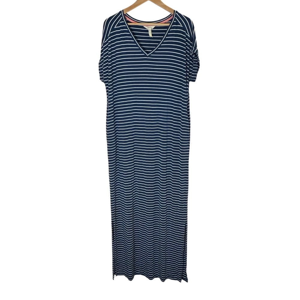 Matilda Jane Set Sail Blue and White Nautical Striped Jersey Maxi Dress sz M